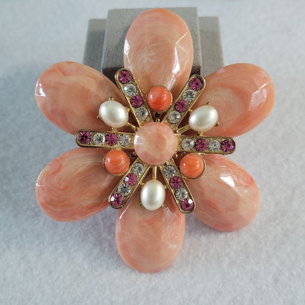 Vintage Peach Lucite Style Flower Brooch Rhinestone Faux Pearl MCM Statement